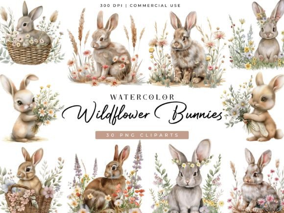 Download Watercolor Bunnies Wildflower Clipart - Bunnies Collection